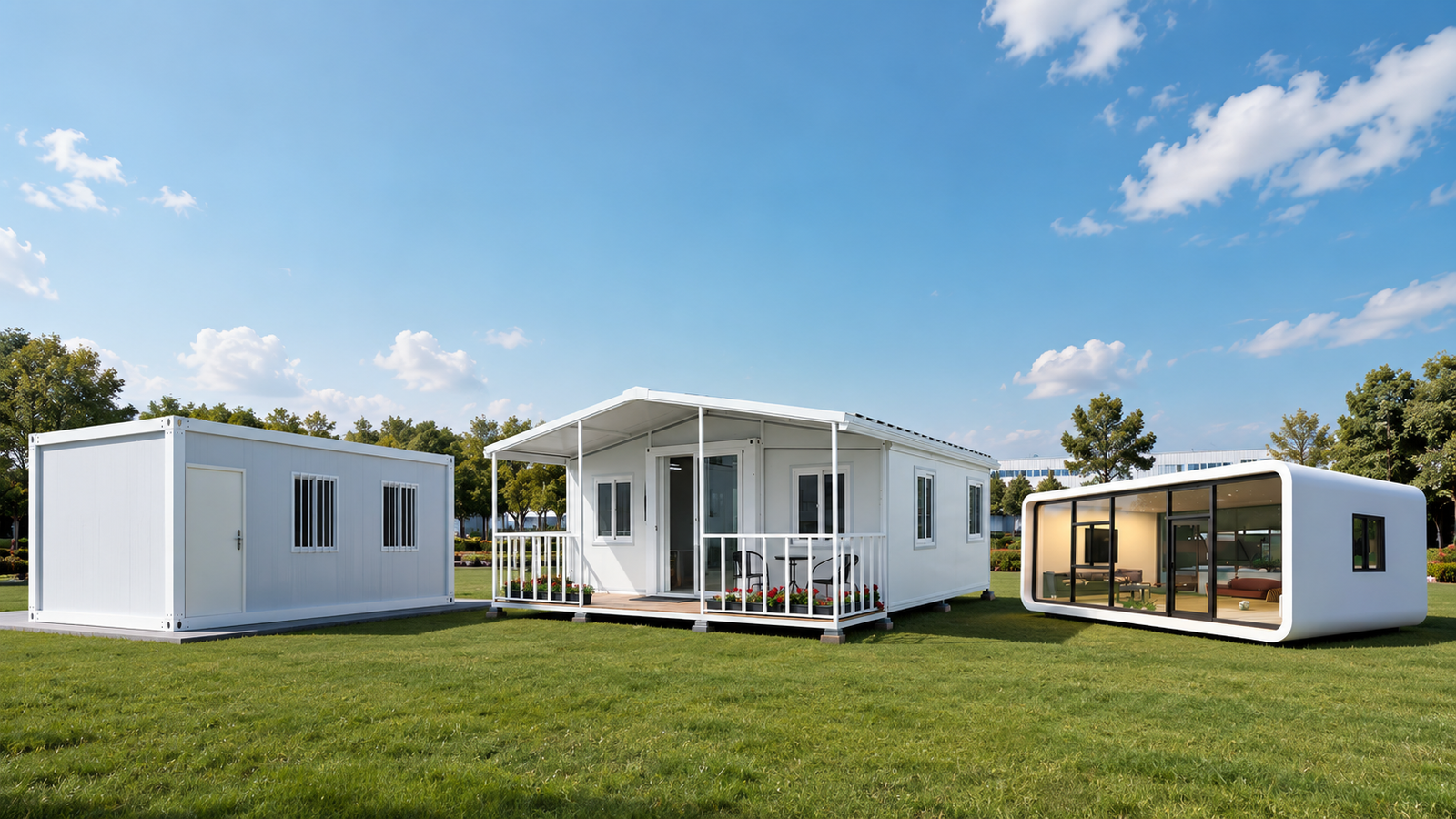 Quick assemble container house, expandable house and apple cabin displayed in one yard